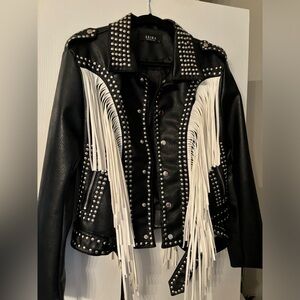 AKIRA Vegan Leather Studded Fringe Moto Jacket Black White XL